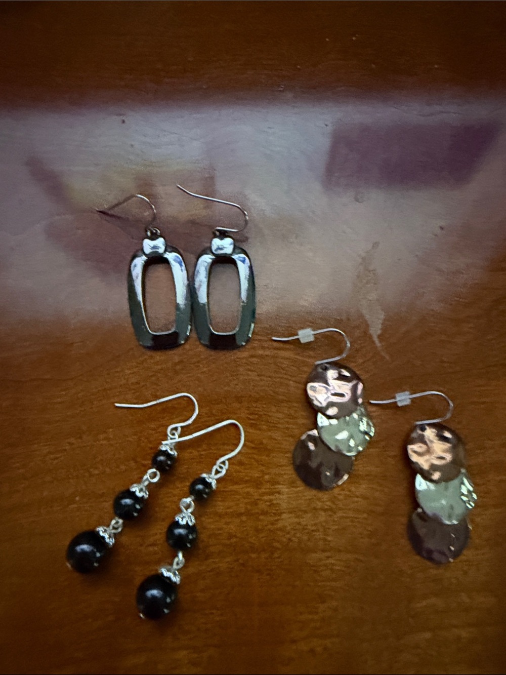 Silver Tone Open Oval Dangle Earrings - Black Bead & Metallic Disc Options